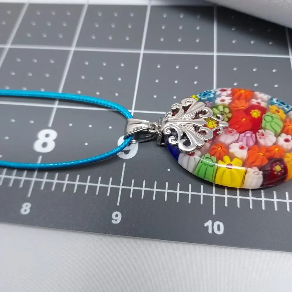 Glass Millefiori Pendant 2" drop Silver Tone Accents Colorful Italy Boho Artisan - Picture 7 of 9